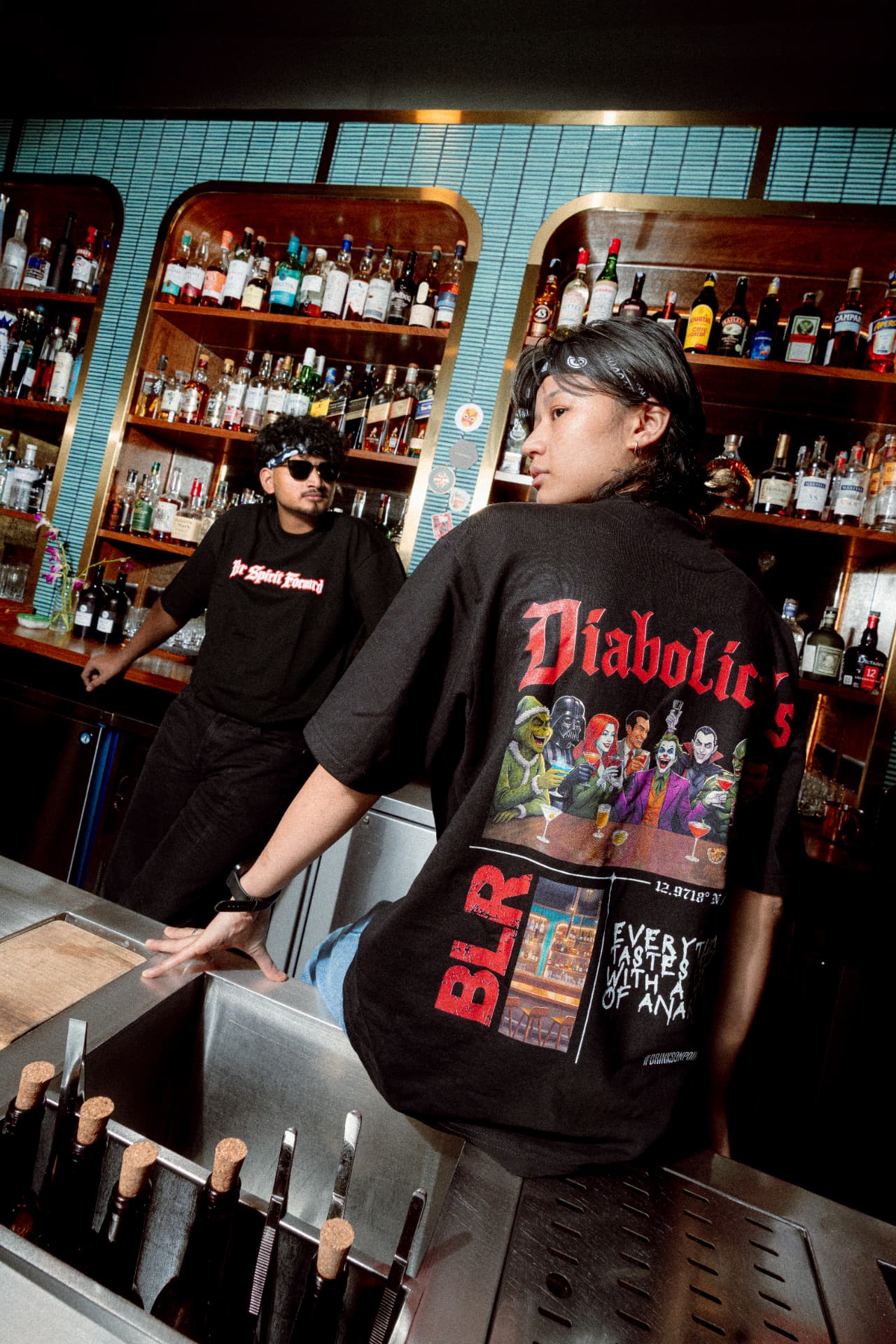 Diabolicals tee back print behind the bar